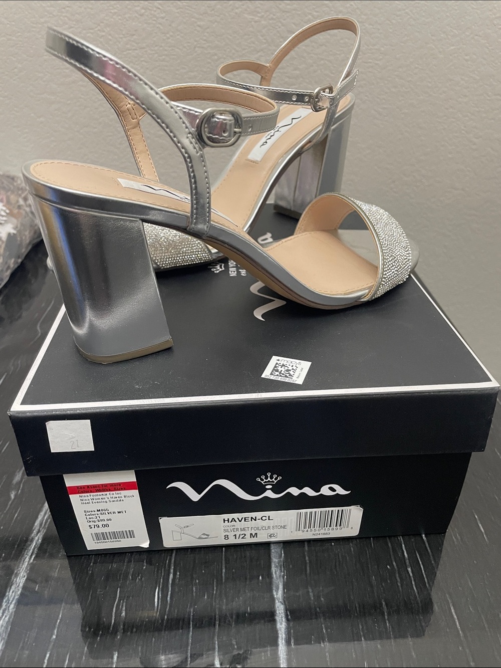 Ina Silver Metallic Block Heel Sandals with Rhinestone Toe Strap